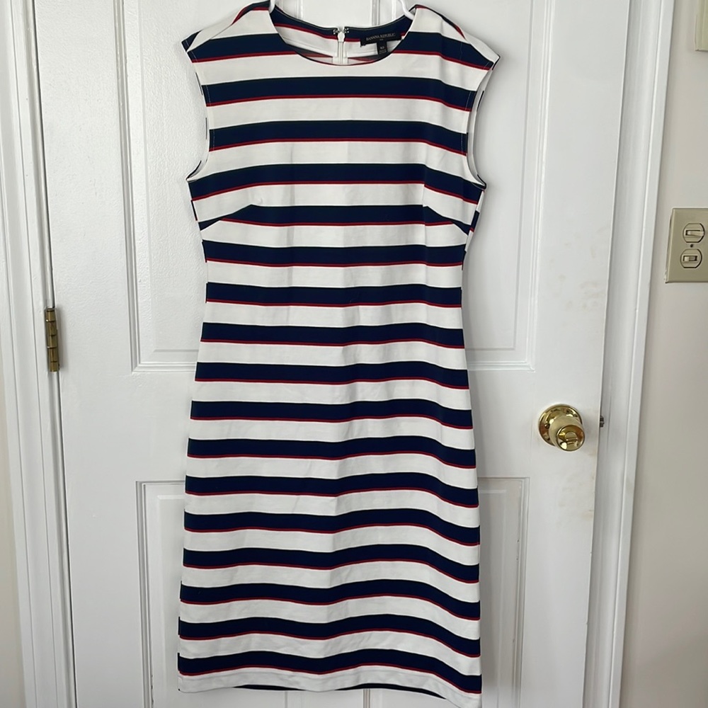 Red, blue, and white striped midi dress. Banana republic